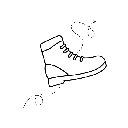 hiking boot with dashed arrow line behind