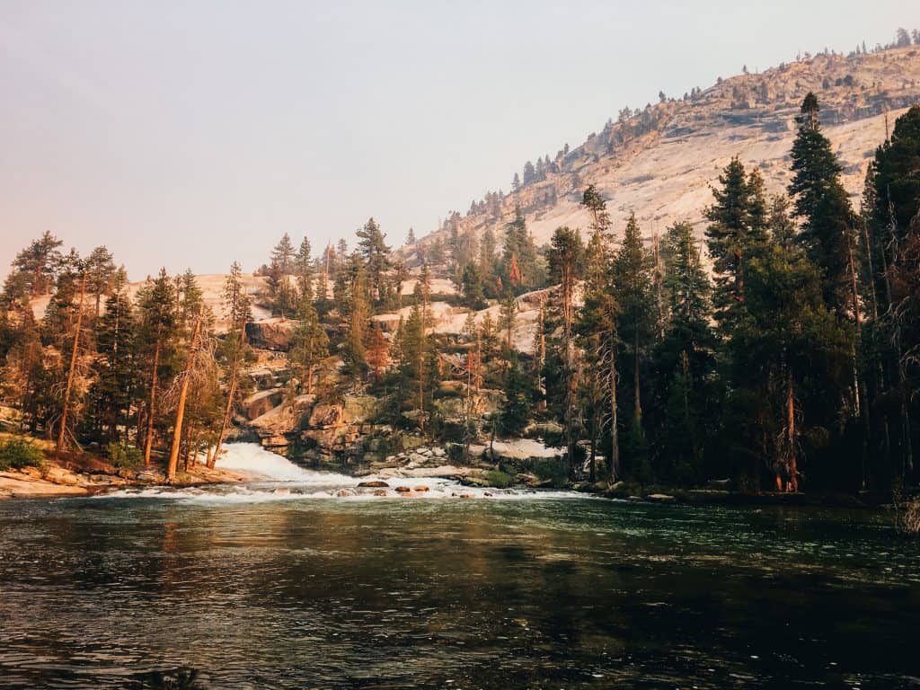 very small waterfall inlet at Merced Lake at sunset