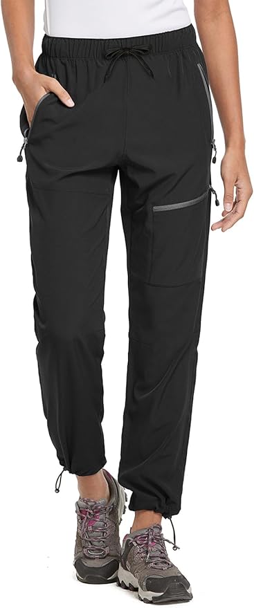 black womens cargo hiking pants with multiple zippered pockets