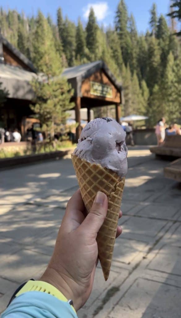 holding an ice cream cone at the lodgepole market in Sequoia.
