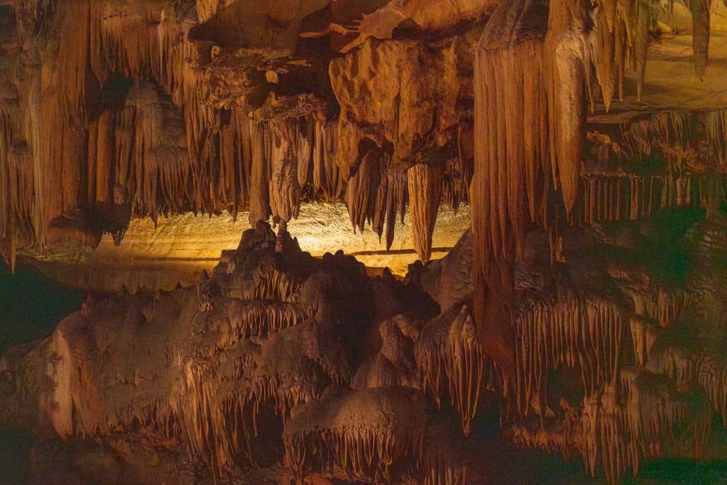 Cave formations with stalactites and stalagmites inside a cavern in Sequoia & Kings Canyon.