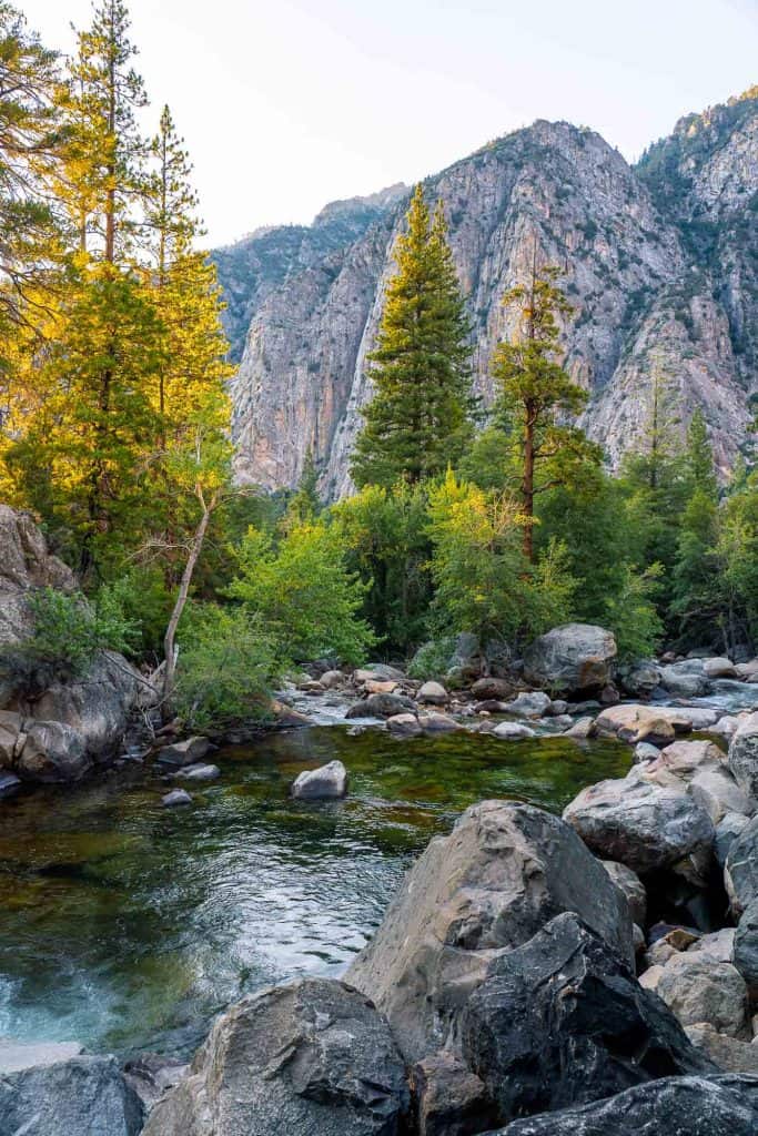 Scenic mountain stream flowing through lush forest with towering granite cliffs in Kings Canyon National Park.