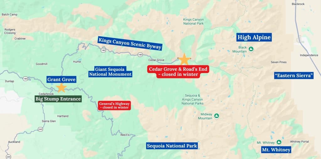A Map screenshot with labels of the various regions of Kings Canyon.